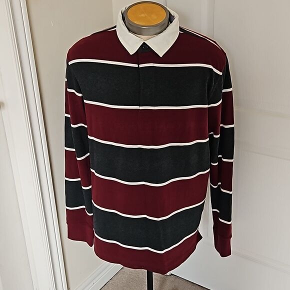 Denver Hayes Men's Polo Long Sleeves Cotton Shirt Large Burgundy/White LG - Picture 6 of 16